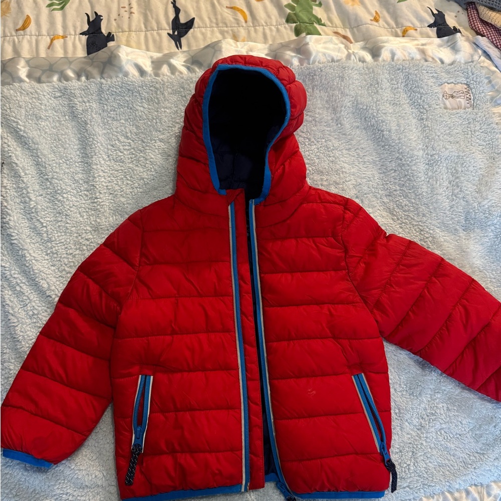 Red Puffer Jacket with Blue Accents